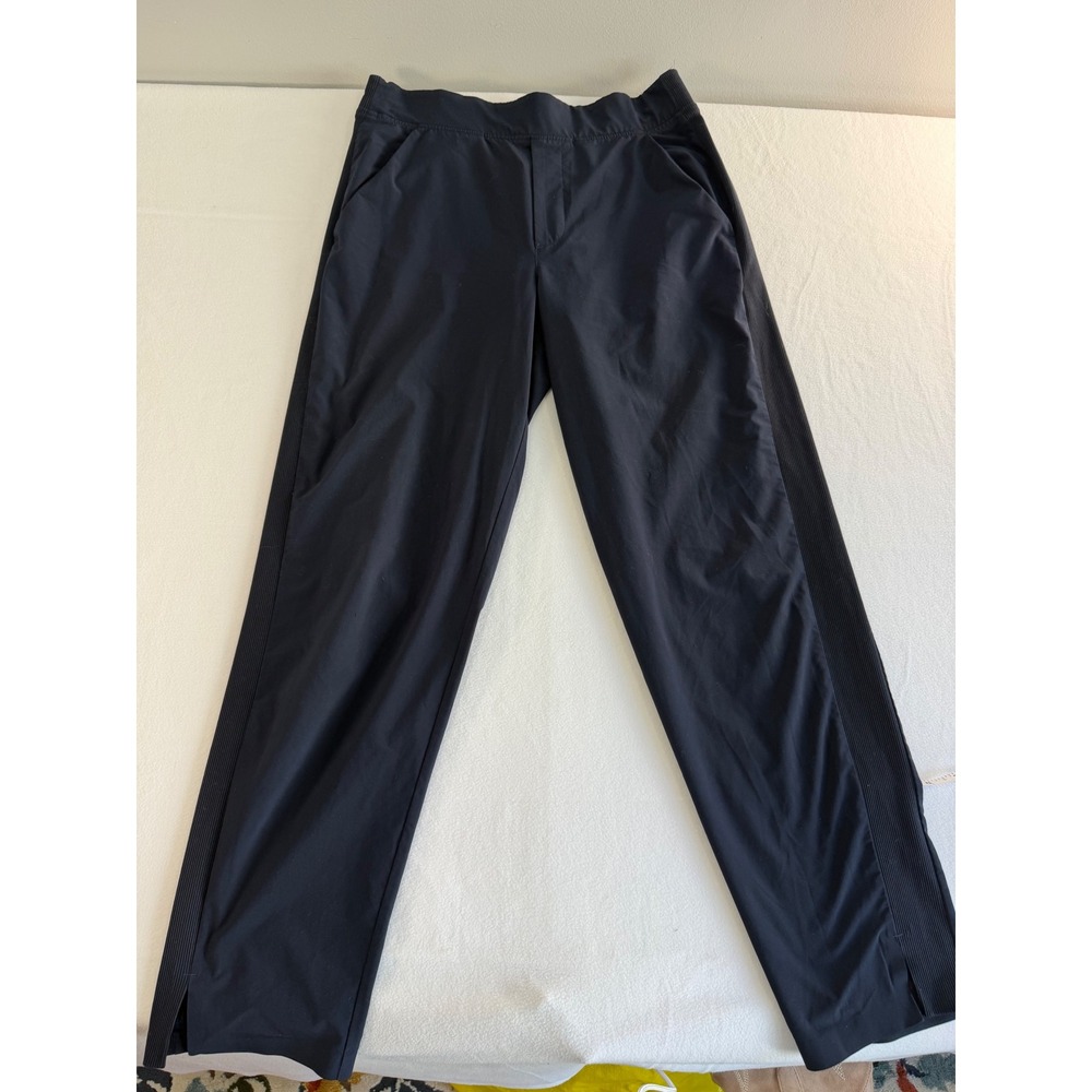 Athleta Lab Pants Womens 4 Navy Blue Straight Leg Ribbed Trim Tech Minimalist